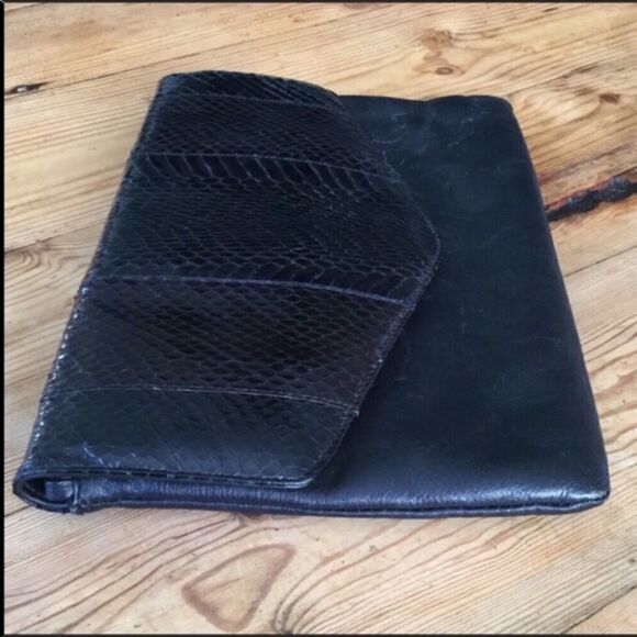 Vintage Black Leather Snake Skin Print Envelope Purse Bag Clutch - Picture 5 of 7